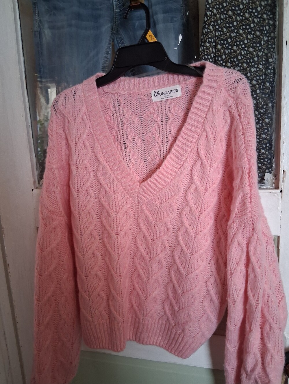No Boundaries Light Pink Cable V-Neck Sweater